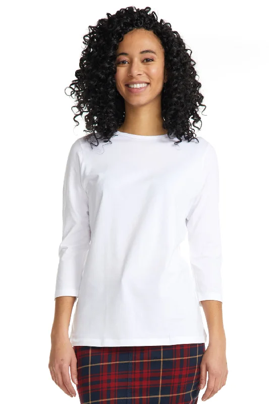 White 3/4 Sleeve Relaxed Fit Crewneck Cotton Layering T-Shirt