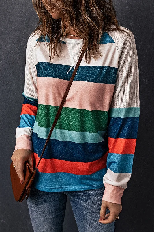 Multicolor Stripes Print Long Sleeve T-Shirt for Women