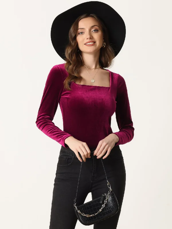 Long Sleeve Velvet Square Neck Casual T-Shirt Blouse