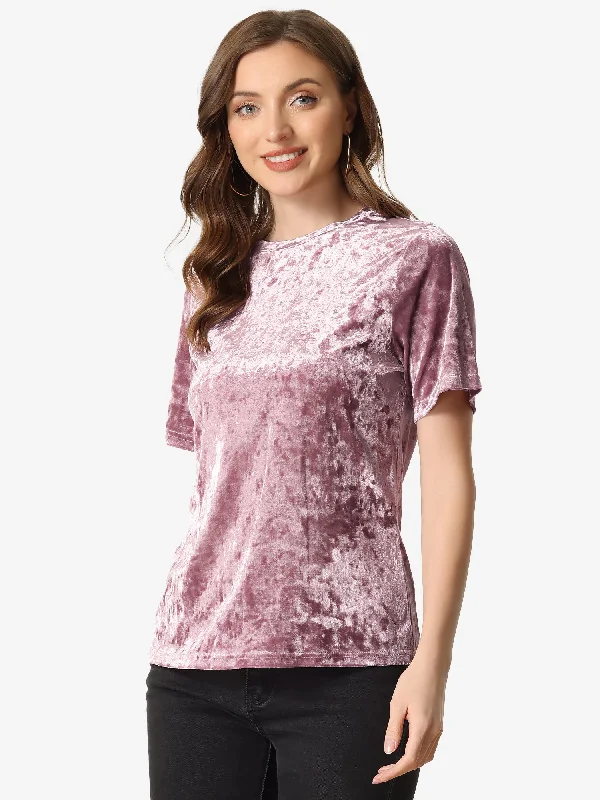 Casual Velvet Top Solid Round Neck Short Sleeve T-Shirt