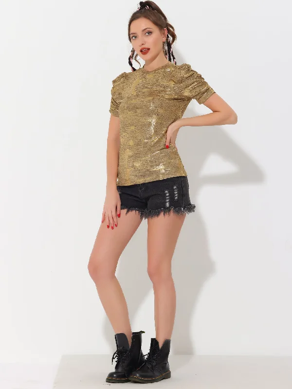 Glitter T-Shirt Round Neck Puff Sleeve Stretch Shiny Party Top