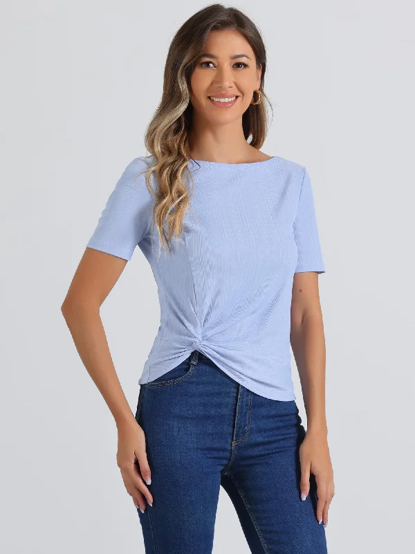 Casual Round Neck Short Sleeve Twist Knot Tee T-Shirt