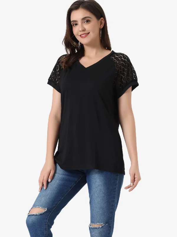 Women's Lace Short Sleeves Tops Casual V Neck Basic T-Shirt