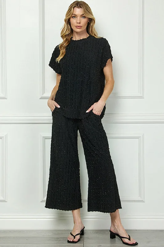 PLUS SIZE Black Glitter Textured Short Sleeve Top & Pant Set