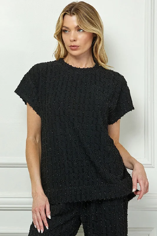 Black Glitter Textured Short Sleeve Top