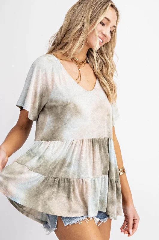 Boho Olive Light Blue Tie Dye Short Sleeve Ruffle Babydoll Top Womens Casual