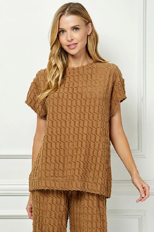 Brown Glitter Textured Short Sleeve Top