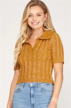 CARAMEL COLLARED SHORT SLEEVES CROPPED KNIT TOP S8SS8236