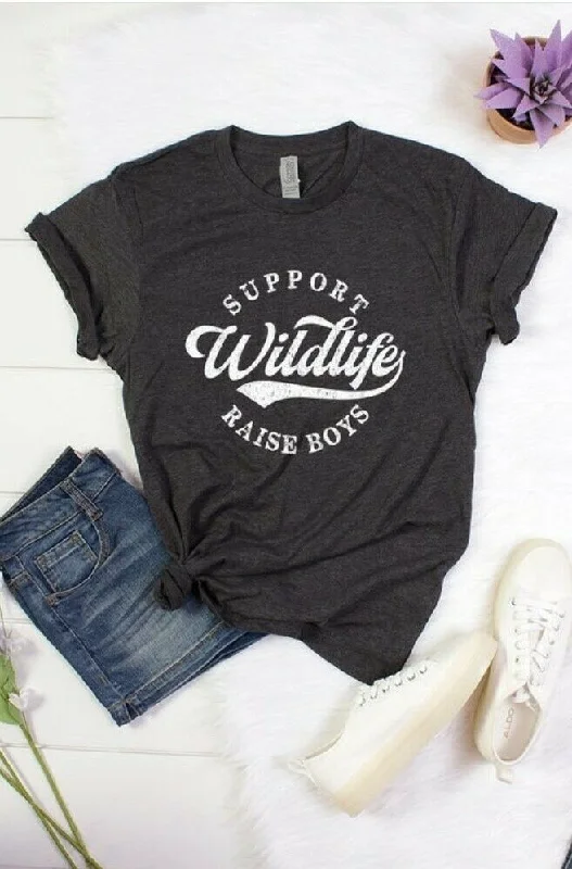 Charcoal Support Wildlife Raise Boys Unisex Short Sleeve Graphic Tee Womens