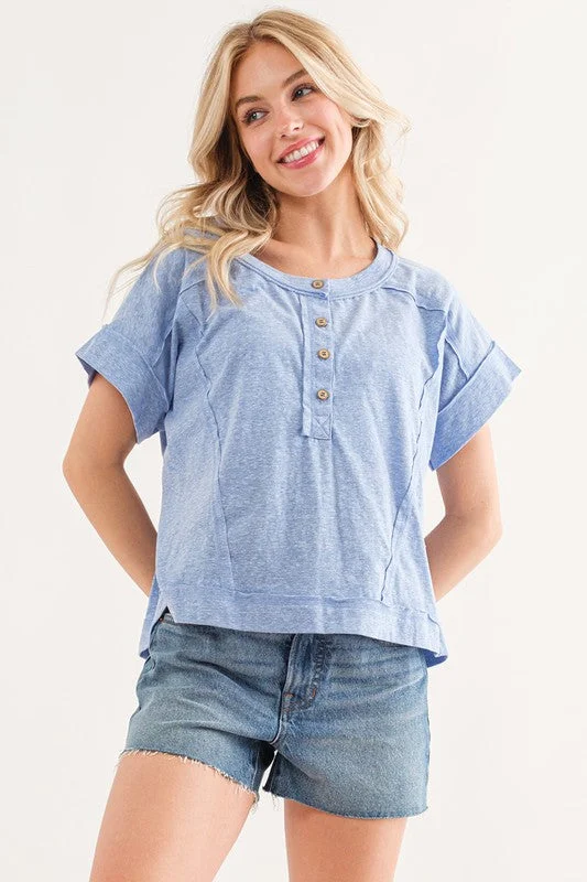 DENIM BLUE HENLEY SHORT SLEEVES KNIT TOP TIC12667