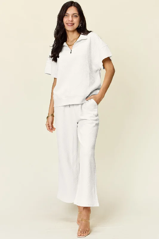 Hazel Blues® |  Double Take Texture Half Zip Short Sleeve Top and Pants Set