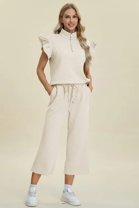 Hazel Blues® |  Double Take Texture Ruffle Short Sleeve Top and Wide Leg Pants Set