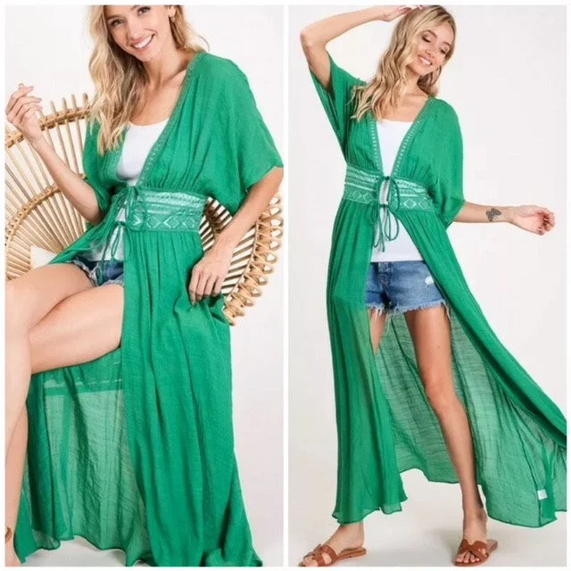 Green Crochet Boho Kimono Duster Short Sleeve Cardigan Wrap Womens