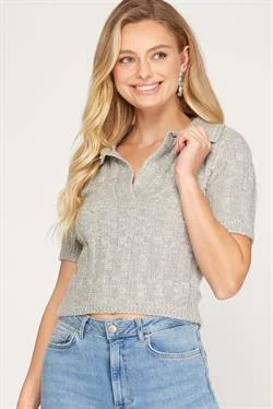 GREY COLLARED SHORT SLEEVES CROPPED KNIT TOP S8SS8236