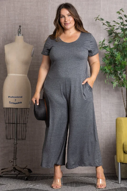 GREY SHORT SLEEVES WIDE LEG PLUS SIZE JUMPSUIT P7773