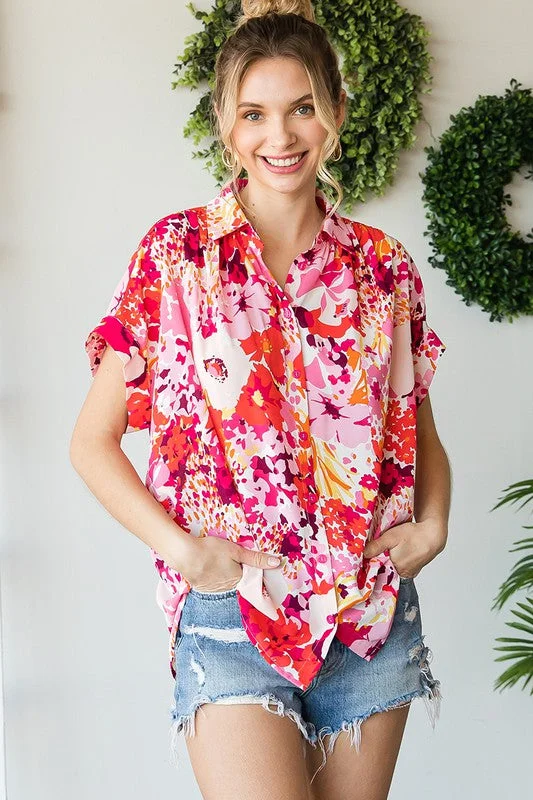 Jana Short Sleeve Button Down Floral Print Top Fuchsia