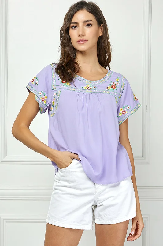 LILAC SHORT SLEEVES EMBROIDERED DETAILED TOP AVT10471