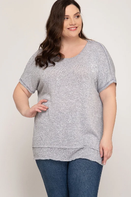 BLUE GREY SHORT SLEEVE TWISTED OPEN BACK PLUS SIZE KNIT TOP S5PSL9337