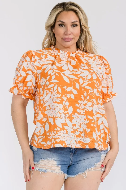 ORANGE FLORAL RUFFLED NECK BALLOON SHORT SLEEVES PLUS SIZE TOP PTLU13321PA