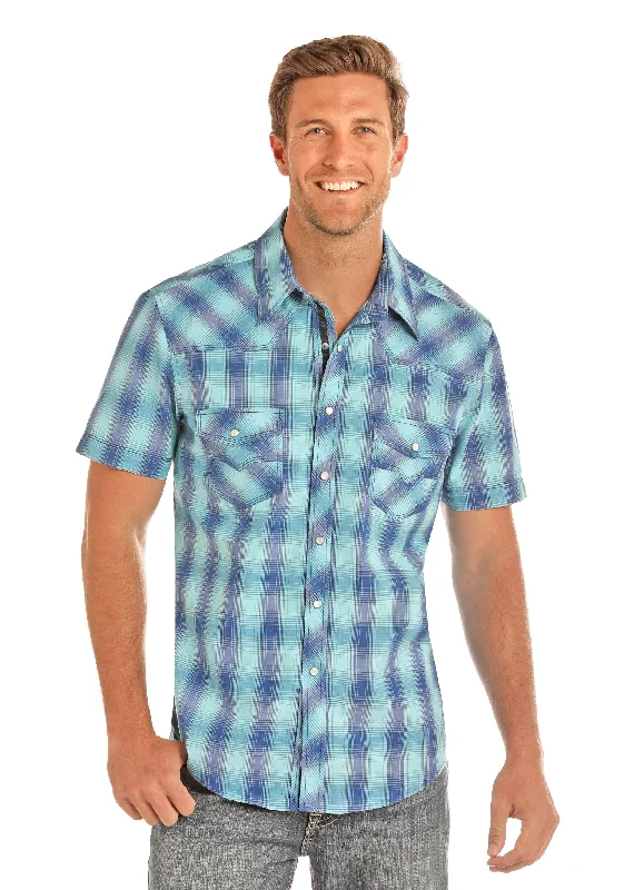 Panhandle Rock & Roll turquoise Short Sleeve Plaid Shirt