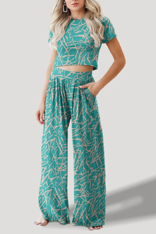 Hazel Blues® |  Printed Round Neck Short Sleeve Top and Pants Set