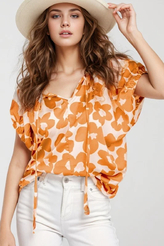 Hazel Blues® |  Printed Tie Neck Short Sleeve Blouse