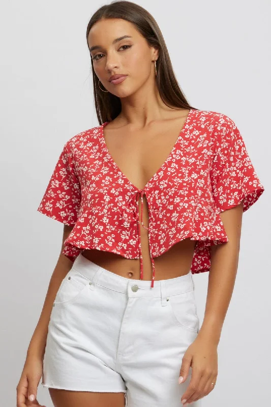 Red Ditsy Tie Up Top Short Sleeve Crop