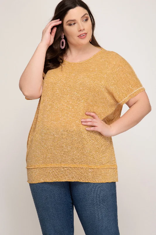 SUNFLOWER SHORT SLEEVE TWISTED OPEN BACK PLUS SIZE KNIT TOP S5PSL9337