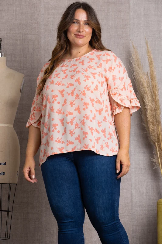 PEACH FLORAL PRINT BELL SHORT SLEEVE PLUS SIZE TOP-T2029