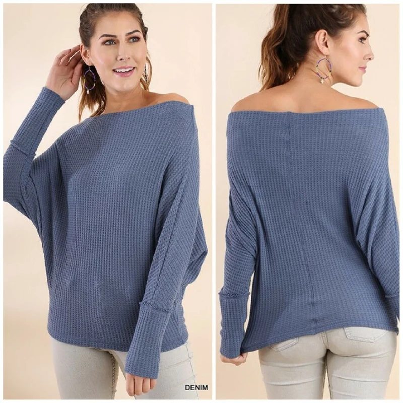 Umgee Denim Blue Knit Off Shoulder Long Sleeve Batwing Casual Solid Top