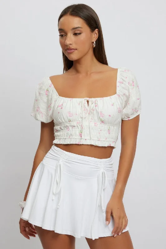 White Ditsy Crop Top Short Sleeve Ruched Bust