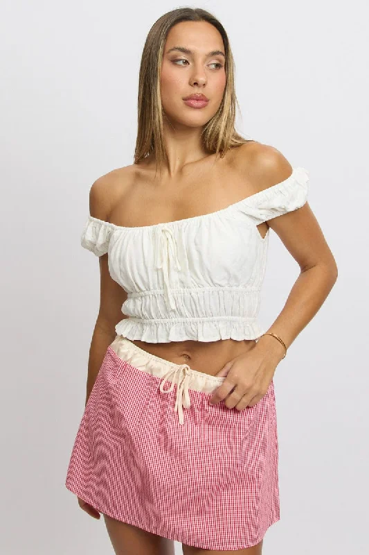 White Ruched Top Short Sleeve Linen Blend