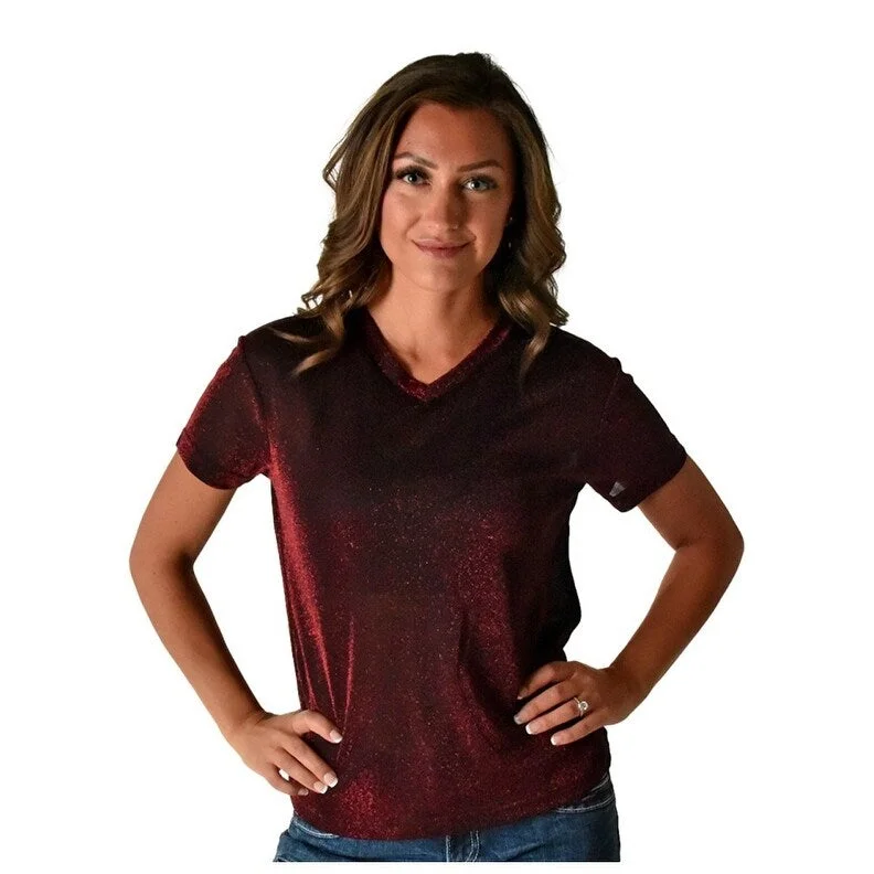 Cowgirl Tuff Western Shirt Womens Short Sleeve Tee V Neck Red 100651