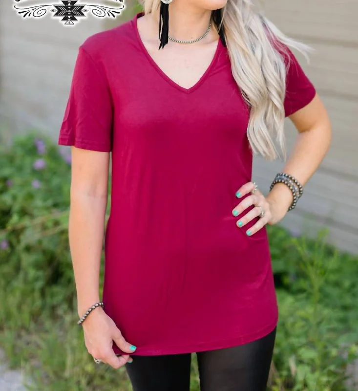 Forever Fave Solid Short Sleeve V-Neck Top In Maroon