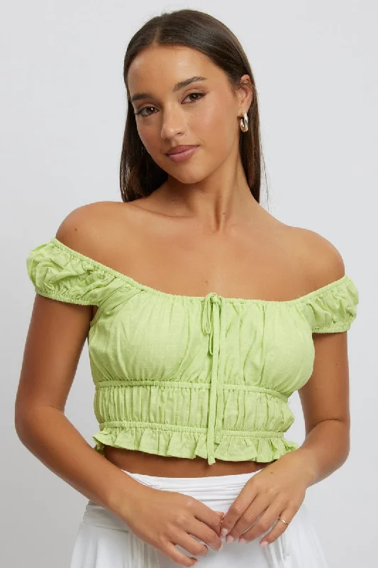 Green Ruched Top Short Sleeve Linen Blend