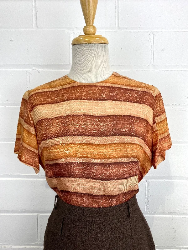 Vintage 1950s Brown Stripe Button-Back Short Sleeve Blouse, Large