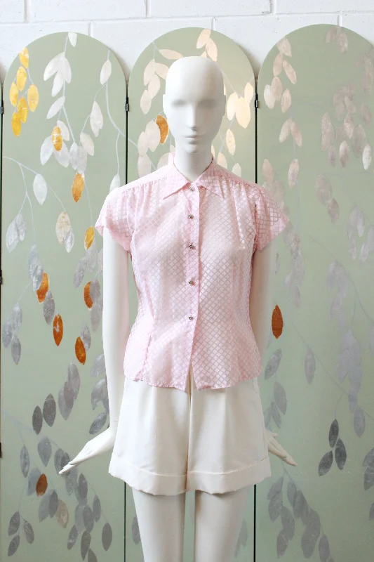 Vintage 1950s Pink Sheer Nylon Button up Short Sleeve Blouse, XS