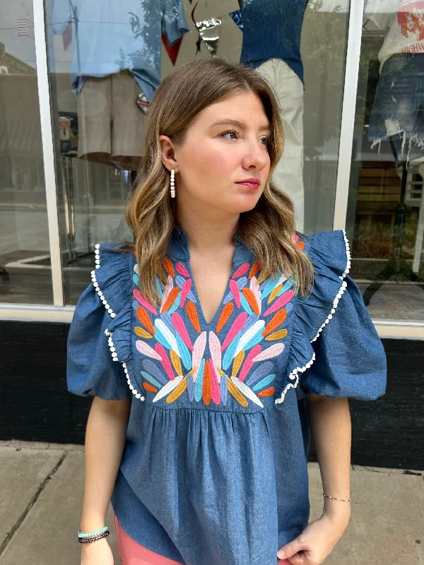 Abstract embroidered denim top