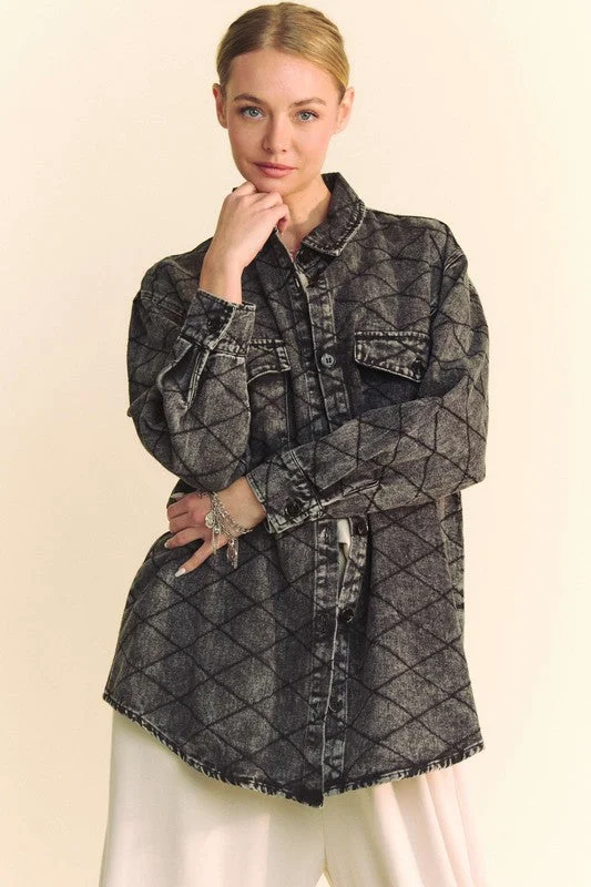 Black Curved Hem Diamond Quilted Button Up Denim Shacket