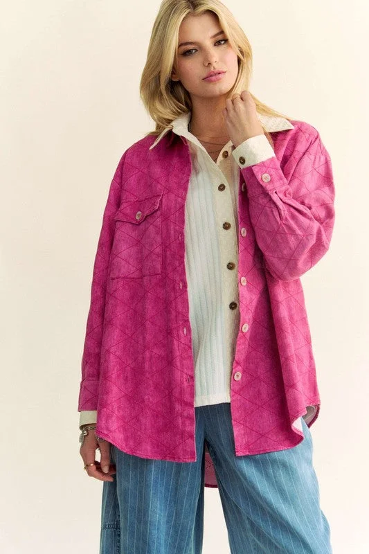 Hot Pink Curved Hem Diamond Quilted Button Up Denim Shacket