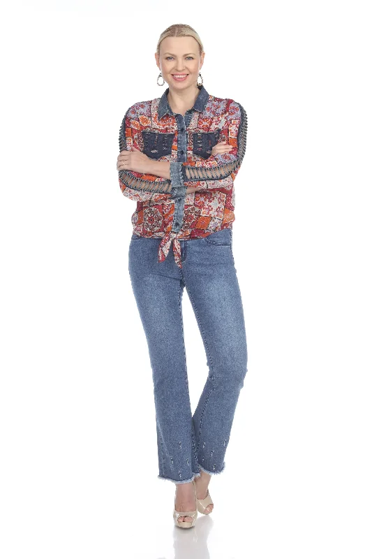 AZI Red Multi Colored Tie Front Denim Chiffon Blouse With Lattice Sleeve