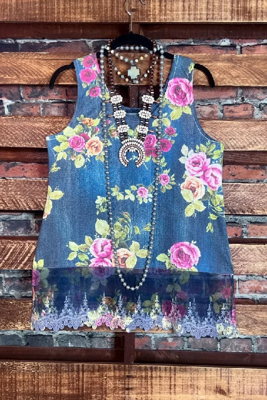 Blooming Romance Blue Denim & Roses Lace Layering Top ---------SALE