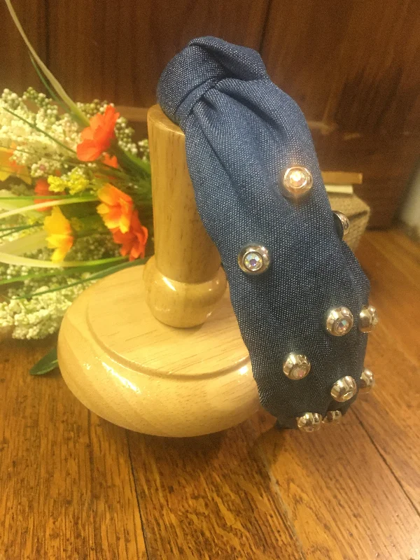 Blue Denim Headband With Rhinestones