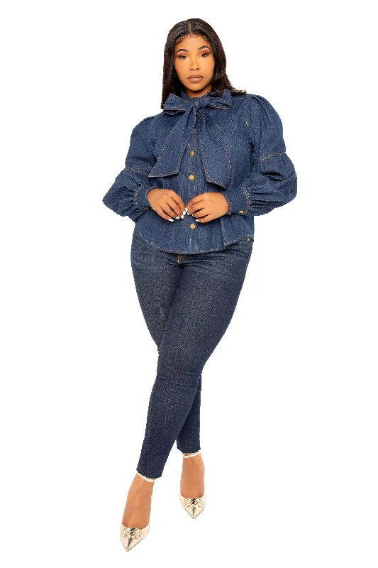 Bow Neck Puff Sleeve Denim Blouse