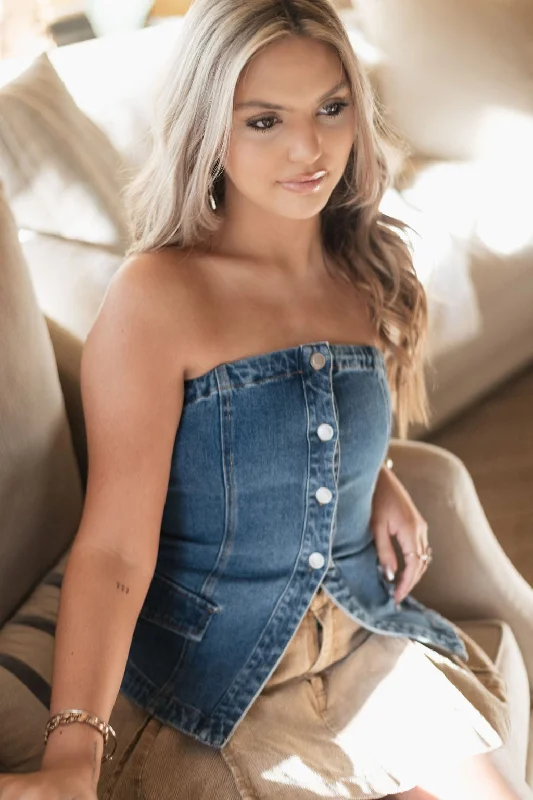 Denim Button Up Strapless Tube Top