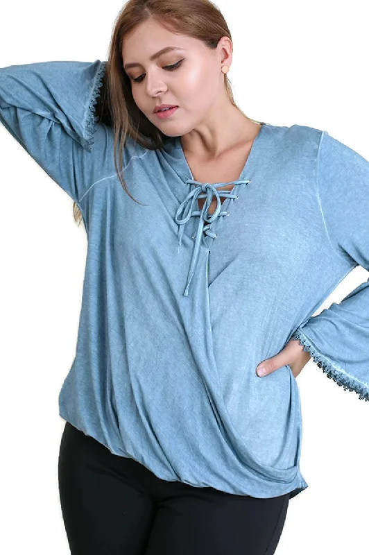 Drawstring Neckline Bell Sleeve Top, Denim