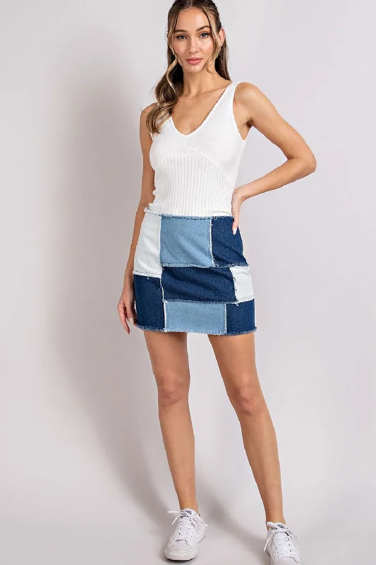 eesome Mineral Washed Denim Color Block Mini Skirt