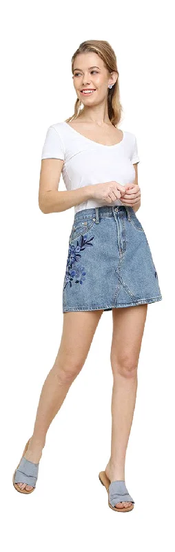 Floral Embroidered Mini Skirt, Light Denim