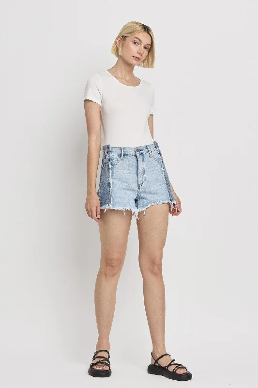 Flying Monkey Two Tone Patch High Rise Denim Shorts In Futuristic