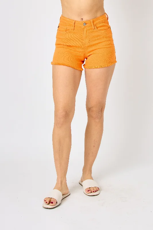 Judy Blue Mid Rise Frayed Hem Denim Shorts In Orange